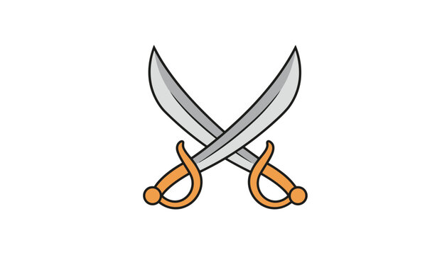 Pair of crossed silver pirate cutlasses with golden handles and guards, classic pirate weapon vector illustration.