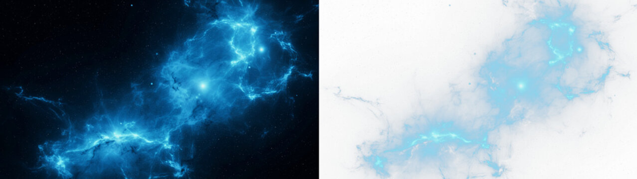 Abstract blue nebula in deep space with glowing stars and cosmic gas clouds, high resolution astronomical background isolated on transparent background