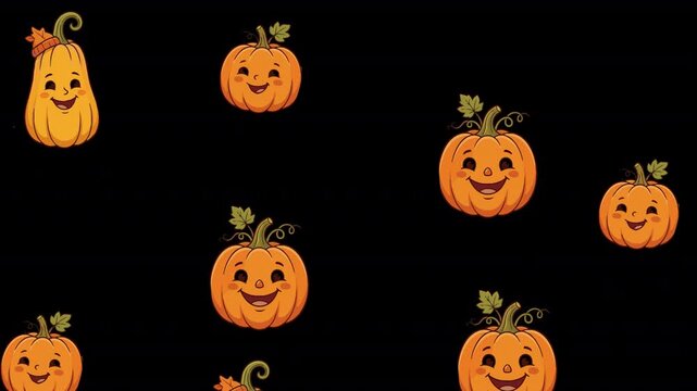 Seamless pattern with cute smiling cartoon pumpkins on a black background for Halloween.
