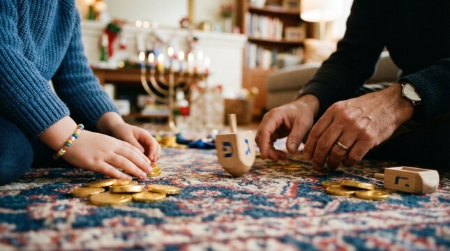 Family hands playing dreidel with chocolate gelt