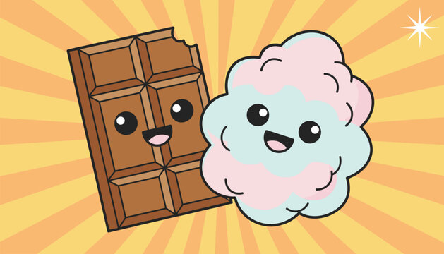Cheerful cartoon characters of a chocolate bar and pink cotton candy smile happily against an orange sunburst background.