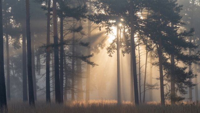 Ethereal Sunlight Filtered Through Tall Pine Trees in Misty Forest