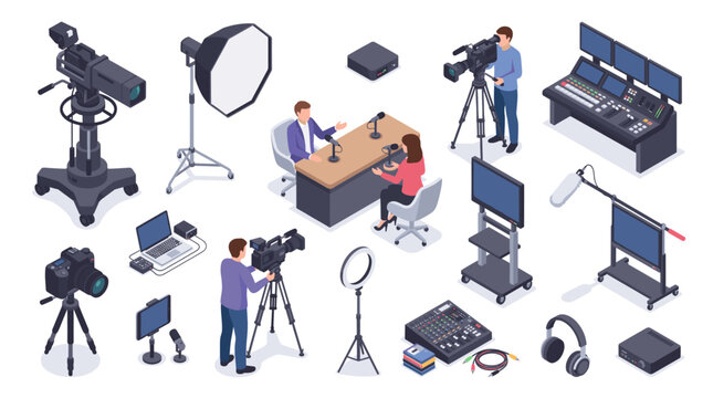 Isometric Broadcast Studio Equipment and People Recording Interview.