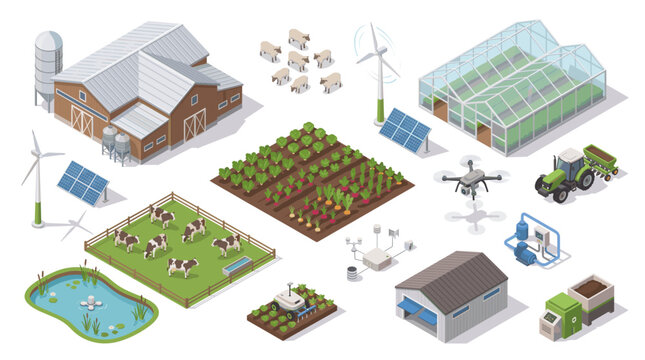 Isometric Smart Farm Elements Collection with Modern Agricultural Technology and Rural Landscape.
