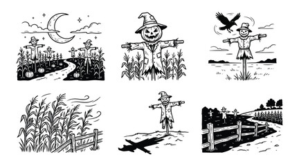 Obraz premium Set of hand drawn scarecrows in field vector illustrations