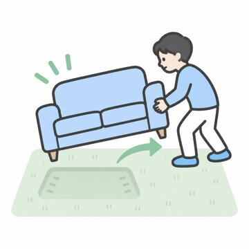 ソファを押して動かす人のイラスト 模様替えや引っ越し前の家具移動をあらわすシンプルな線画