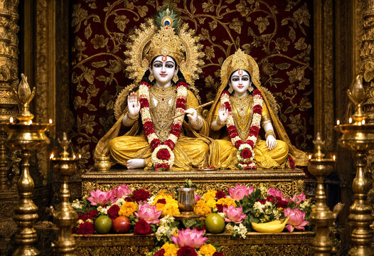 Ornate golden deities seated on a decorated altar with vibrant flowers and offerings in a richly adorned temple setting