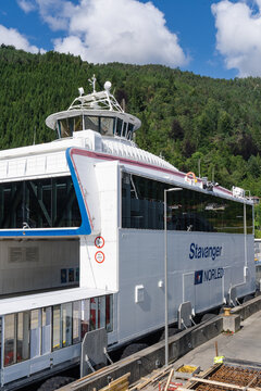 August 18, 2026, Lavik, Norway - The ferry "Stavanger" operated by Norled docked at a pier