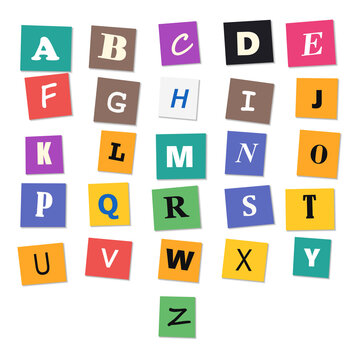Alphabet typography using colorful paper squares and ransom note style letters on black cutout