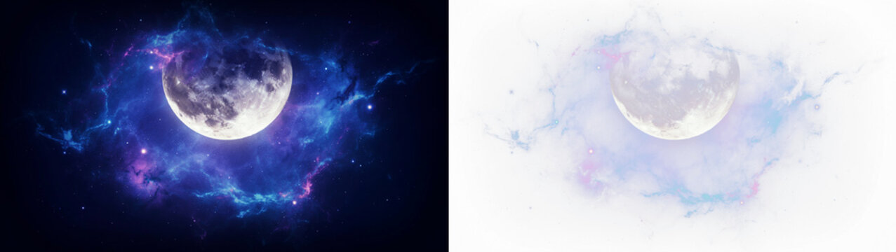 A glowing moon surrounded by a vibrant cosmic nebula with swirling blue and purple stardust clouds in deep space isolated on transparent background