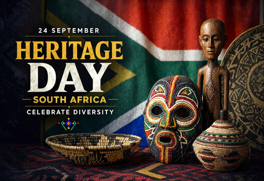 South African Heritage Day celebration with traditional artifacts and national flag in the background