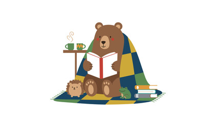 Fototapeta premium Adorable brown bear wrapped in a colorful blanket reading a book with forest friends on a cozy rug.
