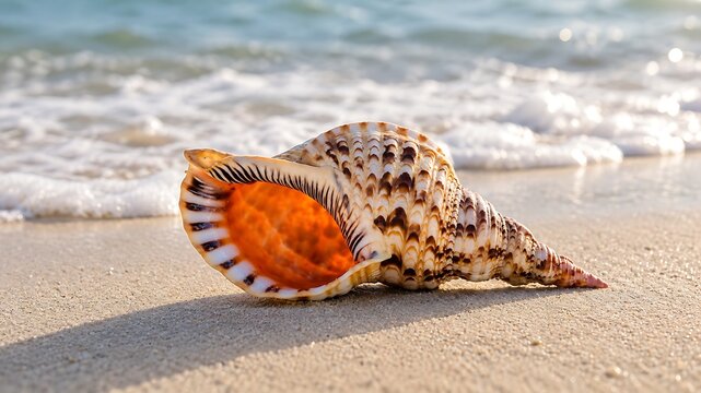 Conch shell with orange lip resting on sandy beach near ocean waves or Authentic seashell on natural sand.