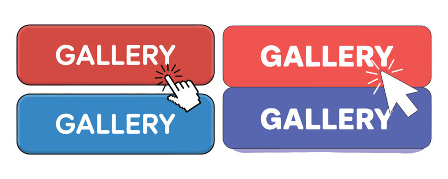 Red and blue gallery buttons set with mouse cursor and pixelated hand pointer icon on background.