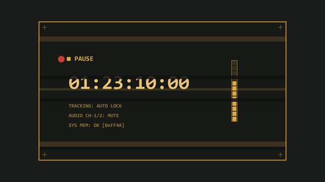 Vintage VCR Timecode Pause Screen with Glitch Effect and Retro Interface Elements
