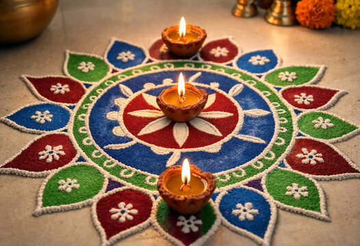 Traditional colorful rangoli design with lit oil lamps for festive celebration and cultural decoration