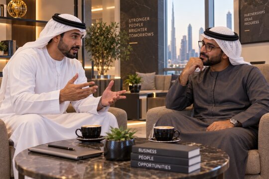 Two businessmen in discussion, Dubai skyline view
