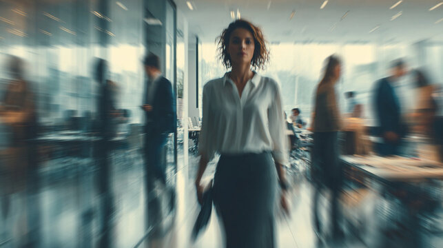 Professional businesswoman walking through a busy corporate office hall with motion blur and sharp facial focus