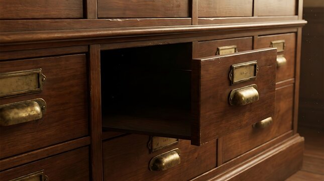 Old wooden filing cabinet with one open drawer symbolizing bankruptcy chapter and business restructuring or financial crisis.
