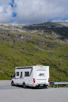 August 18, 2026, Balestrand, Norway - White Laika Ecovip 109 motorhome parked on a mountain road