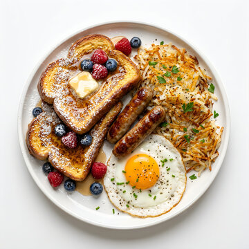 Breakfast platter featuring crispy fried bread, fried egg, and fresh berries on white plate with transparent background