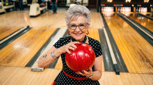 Smiling Senior Woman Holding Red Bowling Ball in Bowling Alley
