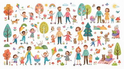 Fototapeta premium Watercolor Happy Family and Outdoor Kids Activities Clip Art Set on White Background
