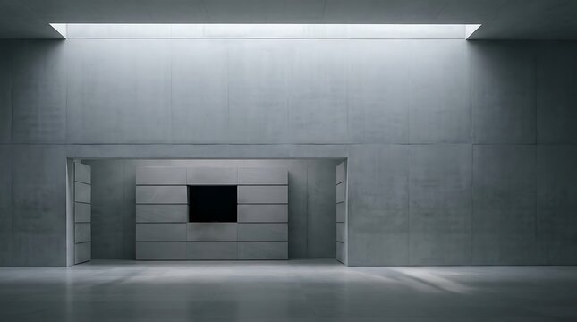 A stark minimalist corporate office interior designed to reflect corporate restructuring and bankruptcy chapter.