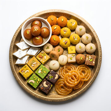 Assorted traditional indian sweets platter arranged on woven basket with transparent background