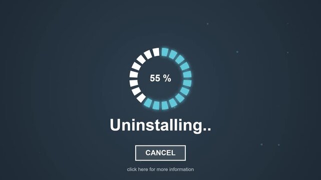 Animated digital interface showing software uninstallation progress. A blue loading bar indicates 65% completion of the program removal process, a dynamic computer operation