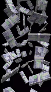 Vertical Zambia Money, Falling Zambian Kwacha Bills Black Background, Premium Africa Lusaka Finance Cash Stacks, 4K