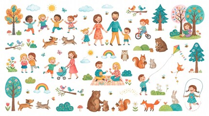 Fototapeta premium Watercolor Happy Family and Outdoor Kids Activities Clip Art Set on White Background