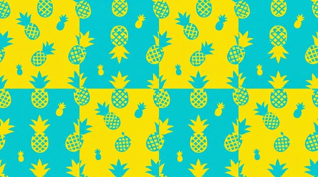 Seamless tropical pineapple pattern in vibrant yellow and turquoise