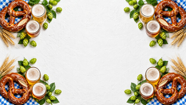 Oktoberfest Flat Lay White Plaster Textured Frame with Pretzels Foaming Beer Glasses Hops and Wheat with Copy Space