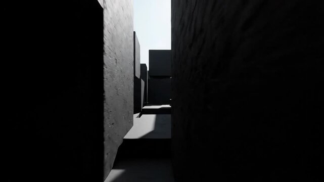 Urban concrete pathway, narrow dark alley, building structure architecture, dimly lit angular passage, modern geometric design, sharp angles, dark shadows, mystery, intrigue, sunlight, hints