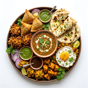 Assorted indian breakfast platter with fried snacks, curry, and boiled egg on metal tray