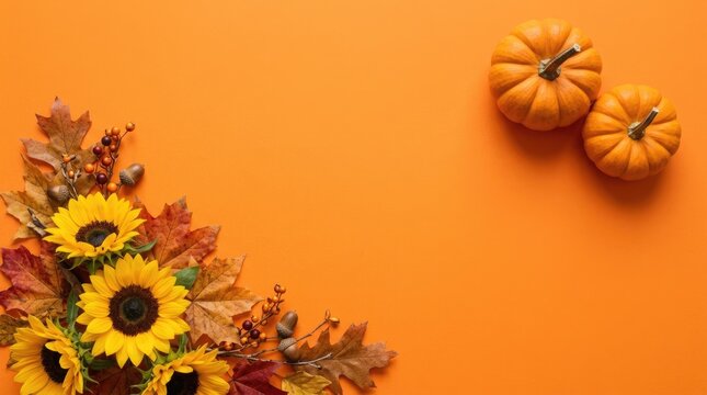 A vibrant thanksgiving scene with sunflowers autumn leaves and miniature pumpkins on a bright orange background