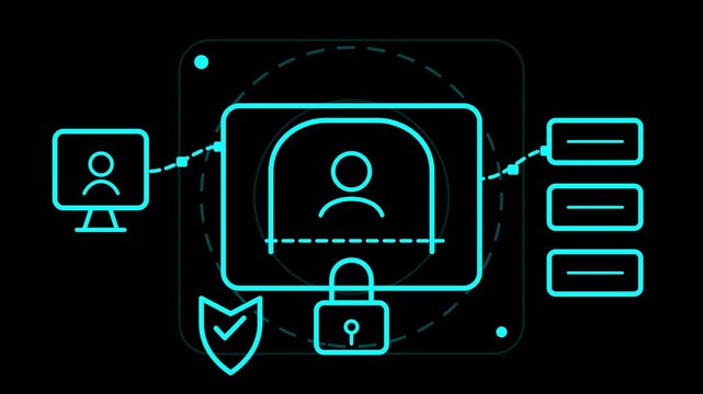 Glowing neon blue cyber security diagram showing user identification biometric scan and data protection network connection on black background