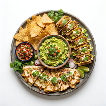 Mexican food platter with tacos guacamole quesadillas and tortilla chips