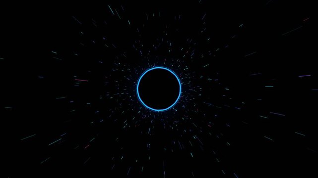 Cinematic black hole inspired hyperspace portal featuring a dark gravitational aperture, curved light streaks, spatial lensing and dimensional distortion. Futuristic cosmic gateway concept for science