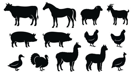 Fototapeta premium Black silhouettes of common farm and livestock animals