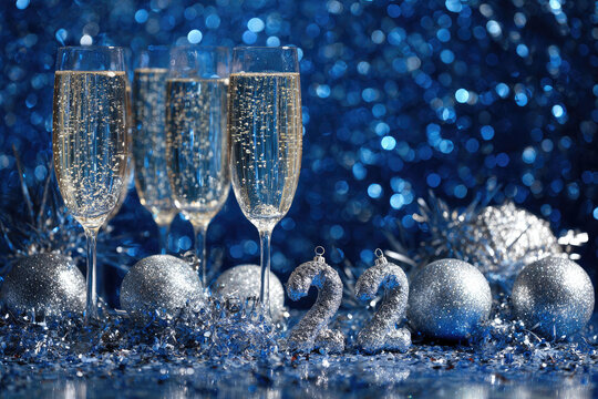 Happy New Year 2027! The celebration scene with champagne glasses, silver confetti, and festive numbers against a deep blue background evokes the excitement and anticipation of a winter holiday and th
