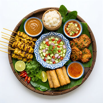 Authentic thai street food platter with skewers and dipping sauces on woven bamboo tray