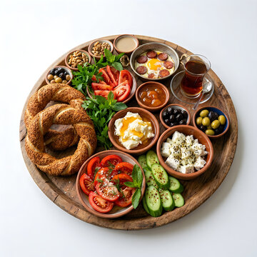 Traditional turkish breakfast platter with fresh ingredients arranged on woven tray for food blog or restaurant menu