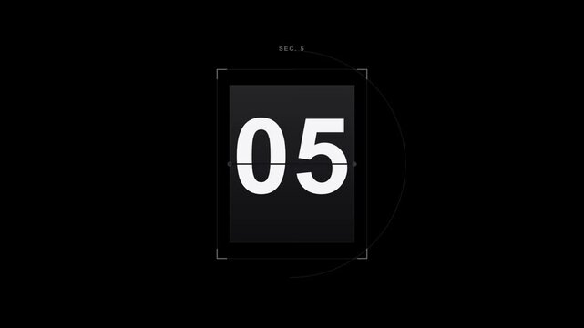 Minimalist 10-second flip clock countdown timer with technical HUD elements on a dark background