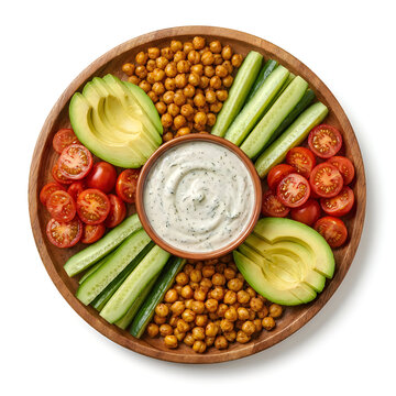 Vegan vegetable platter with chickpeas avocado cucumber and dip sauce