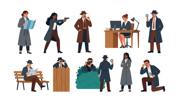 Private detective and secret agent character set with investigators spying holding magnifying glass camera map and gun