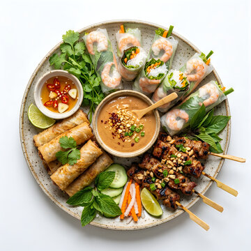Vietnamese spring rolls and skewers appetizer platter with dipping sauce for restaurant menu design