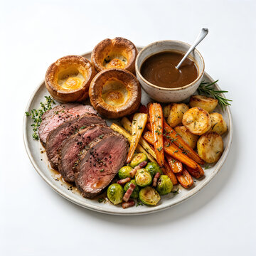 Elegant holiday roast dinner platter featuring beef, vegetables, and gravy for restaurant menus and food blogs