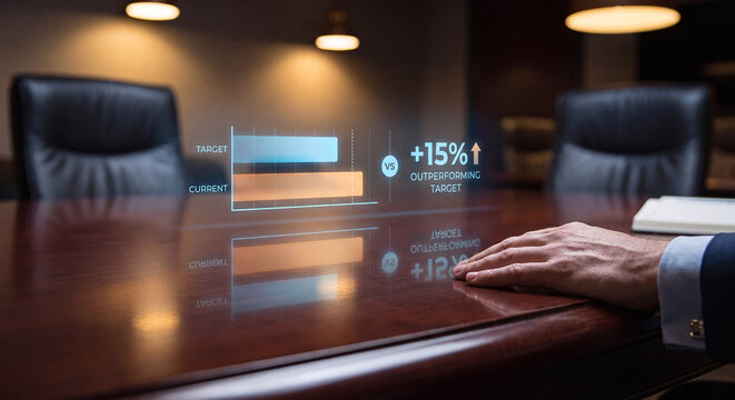 business hologram reflects on conference table showing performance comparison bars and outperforming target text, confirm sales results exceed goal, track corporate benchmarking analysis